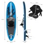 Blaues aufblasbares Stand Up Paddle Board mit Kajaksitz und Maßangaben.