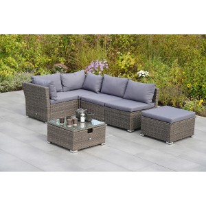 Merxx Malaga Gartenecke, 6-teilig, aus Stahl und Kunststoffgeflecht mit grauen Auflagen.