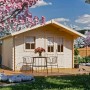 Skan Holz Gartenhaus Malaga 1 Natur, 340x300cm, unbehandeltes Holz mit Terrasse und Gartenmöbeln.