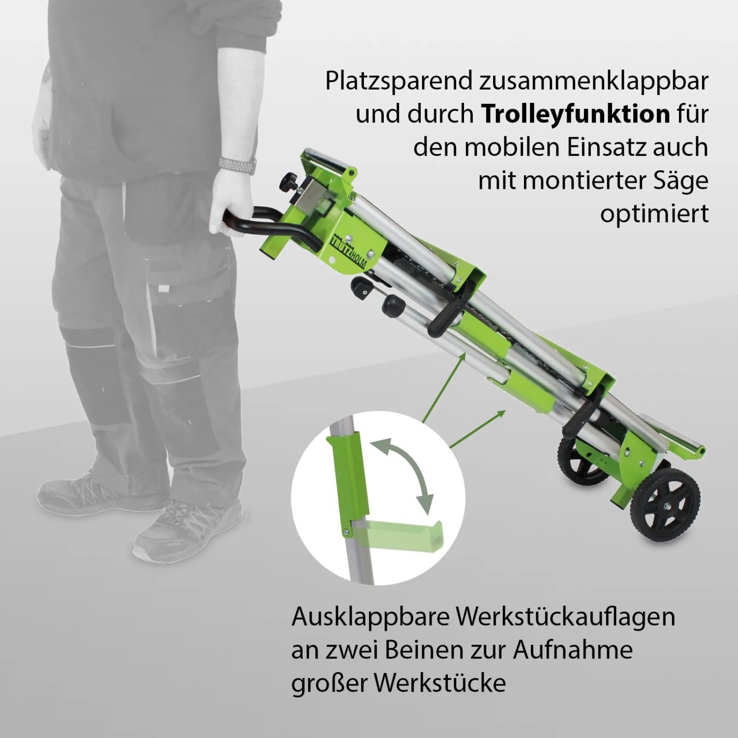 TRUTZHOLM Untergestell für Kappsäge mit Rädern, zusammengeklappt für Transport. Elektrowerkzeug Zubehör.