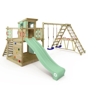 Wickey Spielturm Smart Surf mit Rutsche, Schaukel und Kletterwand in Pastellgrün.