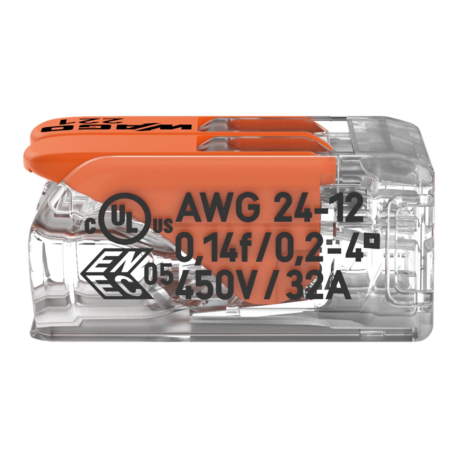 Wago Hebelklemme, 2-polig, für Leiter Ø 0,2-4mm², 5er-Pack, Verbindungsklemme mit transparentem Gehäuse und orangefarbenen Hebeln.