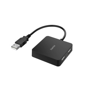 Schwarzer Hama USB-Hub mit 4 USB 2.0 Anschlüssen und integriertem USB-Kabel.