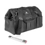 Schwarze STAHLWERK Werkzeugtasche XL mit Zollstock, viele Fächer für Werkzeug und Zubehör.