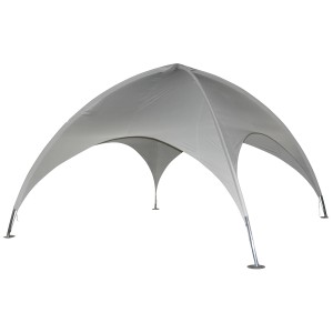 Grau-weißes Leco Kuppelzelt/Pavillon (5x5 m) mit Stahlrohrgestell für Gartenpartys.
