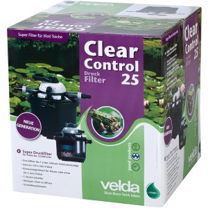 Verpackung des Velda Druckfilter Clear Control 25 mit UV-C 9W für Teiche bis 10.000 Liter.
