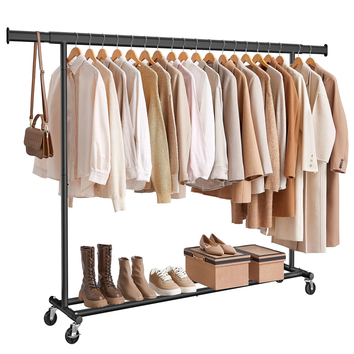 Schwarzer Songmics Kleiderständer mit Rollen, ausziehbarer Stange, Kleidung, Schuhen und Accessoires.