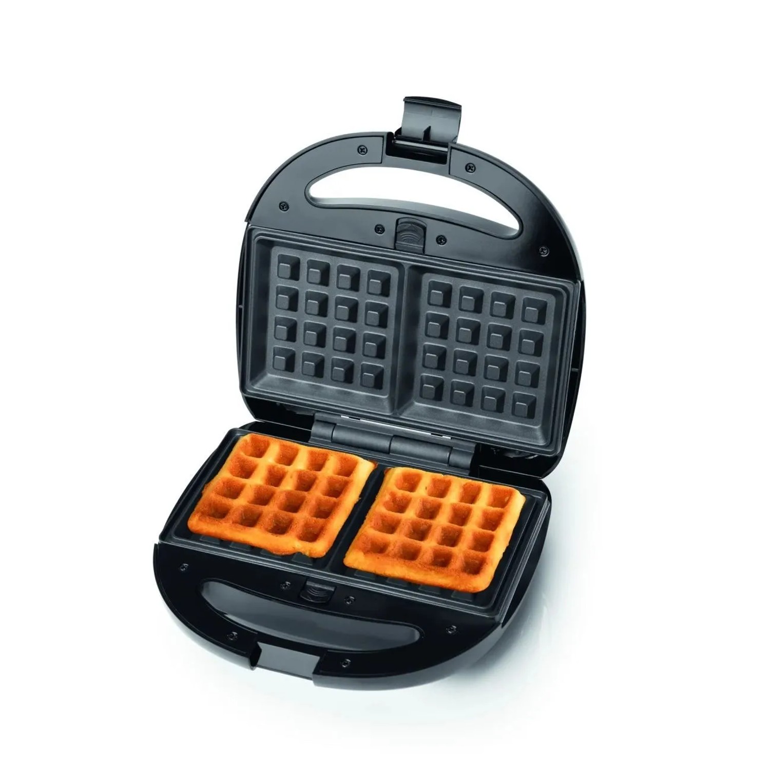 Westfalia Tischgrill Vario 3-in-1, geöffnet mit zwei Waffeln. Elektrogrill mit Antihaftbeschichtung.
