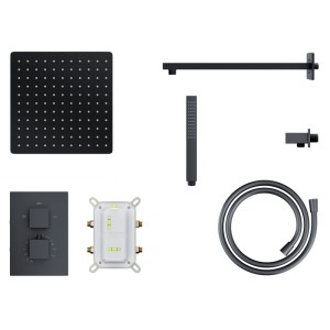KOLMAN Duschsystem, schwarz, mit quadratischer Kopfbrause, Handbrause, Thermostat-Armatur und Unterputz-Montage.
