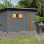 Karibu Saunahaus Arvi 6, terragrau, mit Ofen. Holzhaus mit Fenster und Tür im Garten.