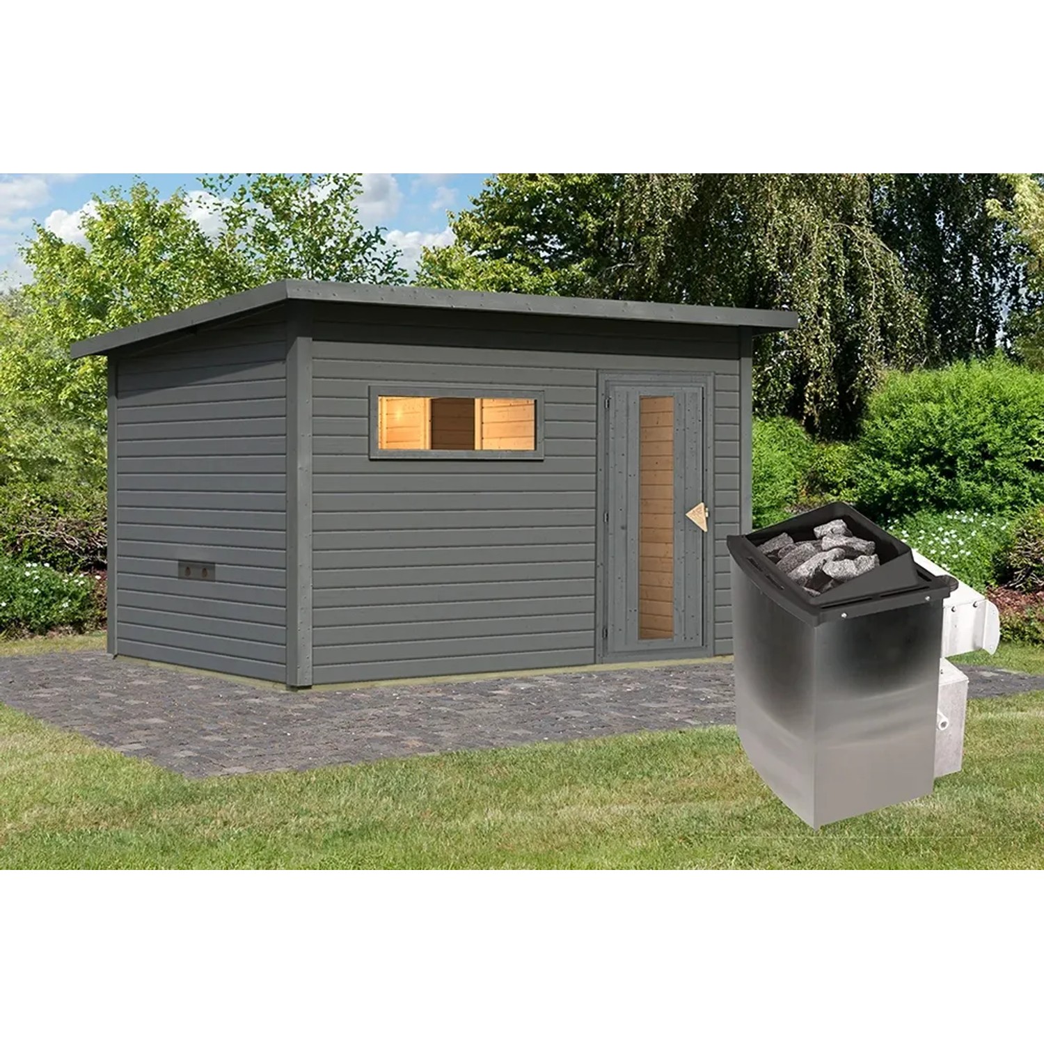 Karibu Saunahaus Arvi 6, terragrau, mit Ofen. Holzhaus mit Fenster und Tür im Garten.