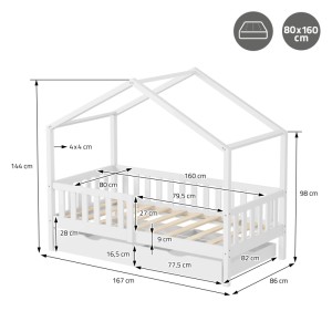 Weißes ML-Design Hausbett 80x160 cm aus Kiefernholz mit 2 Schubladen, Maße