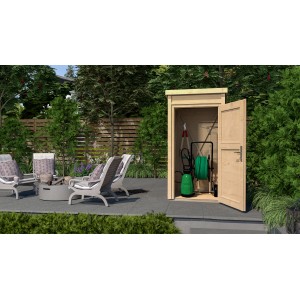 WEKA Gartenhaus 367 aus unbehandeltem Holz, 102x95cm, mit geöffneter Tür und Gartengeräten.