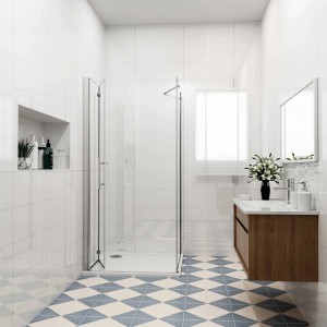 Eckige AICA Falttür Duschkabine 120x90x195cm mit Drehtür und 6mm NANO ESG-Glas in einem Badezimmer.