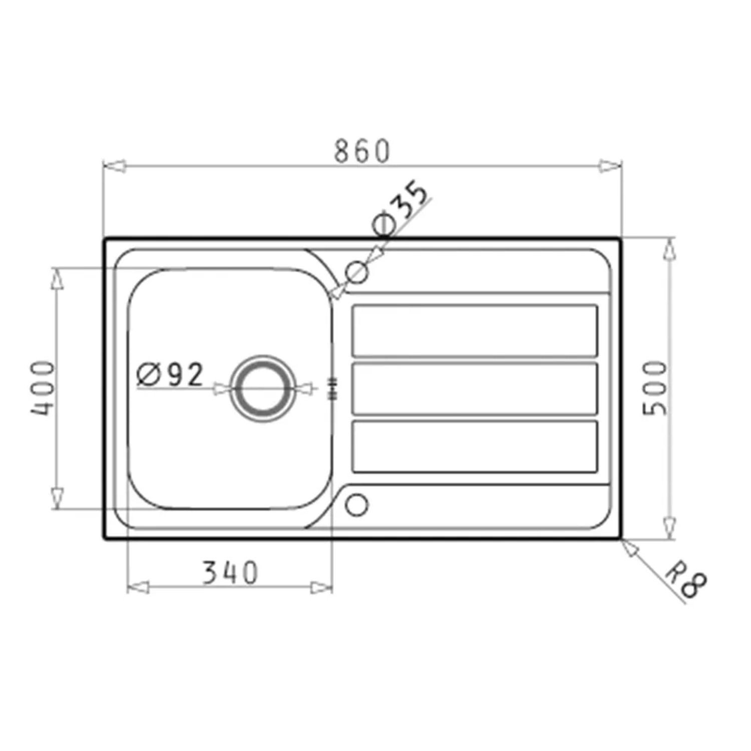 Technische Zeichnung der Pyramis Einbauspüle Athena 86x50 cm mit Becken und Abtropffläche.