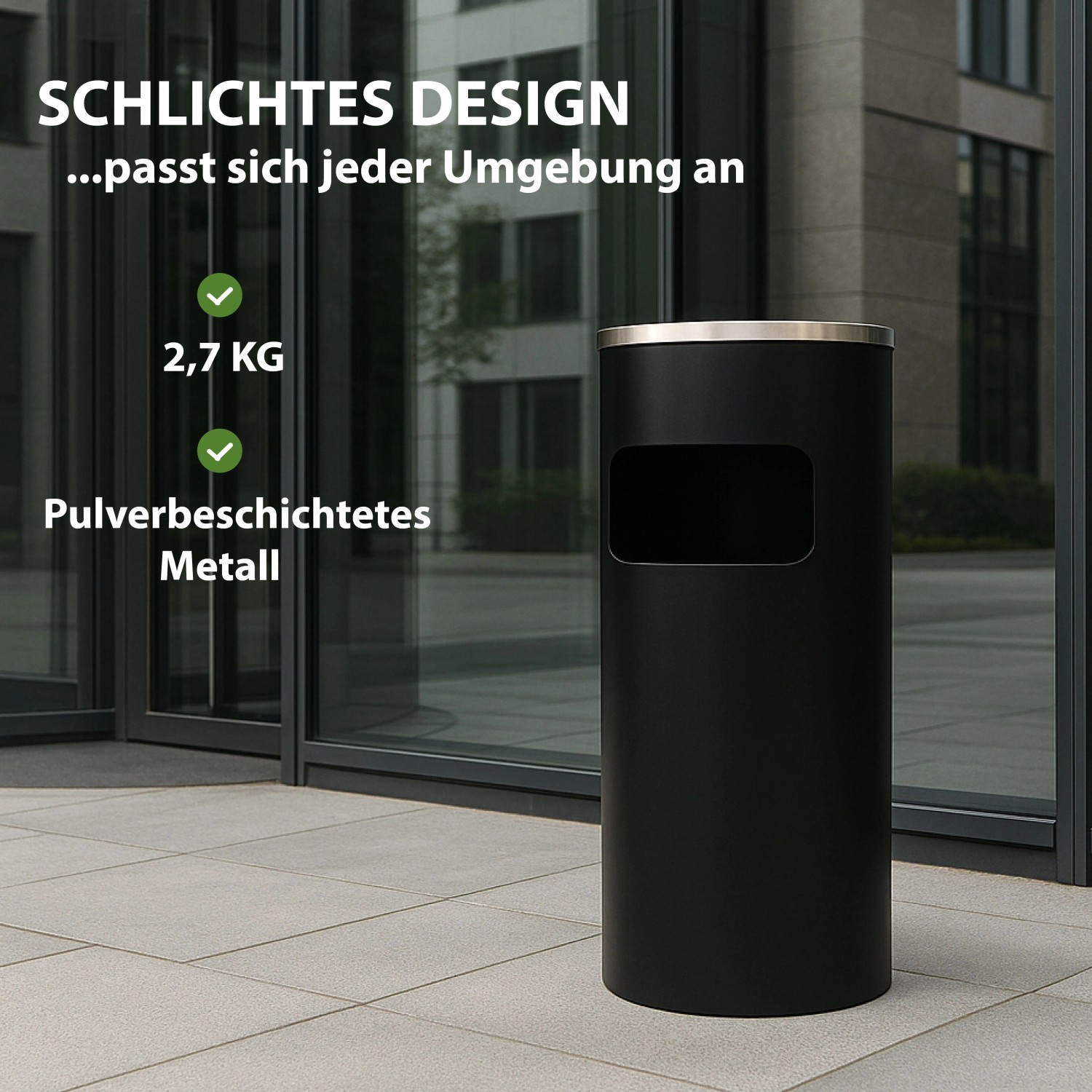 Schwarzer TRUTZHOLM Abfalleimer mit Aschenbecher, 30L, aus pulverbeschichtetem Metall.