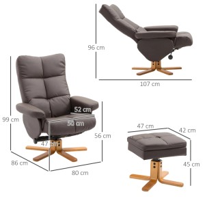 Brauner HOMCOM Relaxsessel mit Holzfuß, passendem Hocker und Liegefunktion. Zeigt Sessel in Sitz- & Liegeposition mit Maßen.