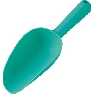 Türkise Handschaufel aus Kunststoff mit Skala für Gartenarbeiten.