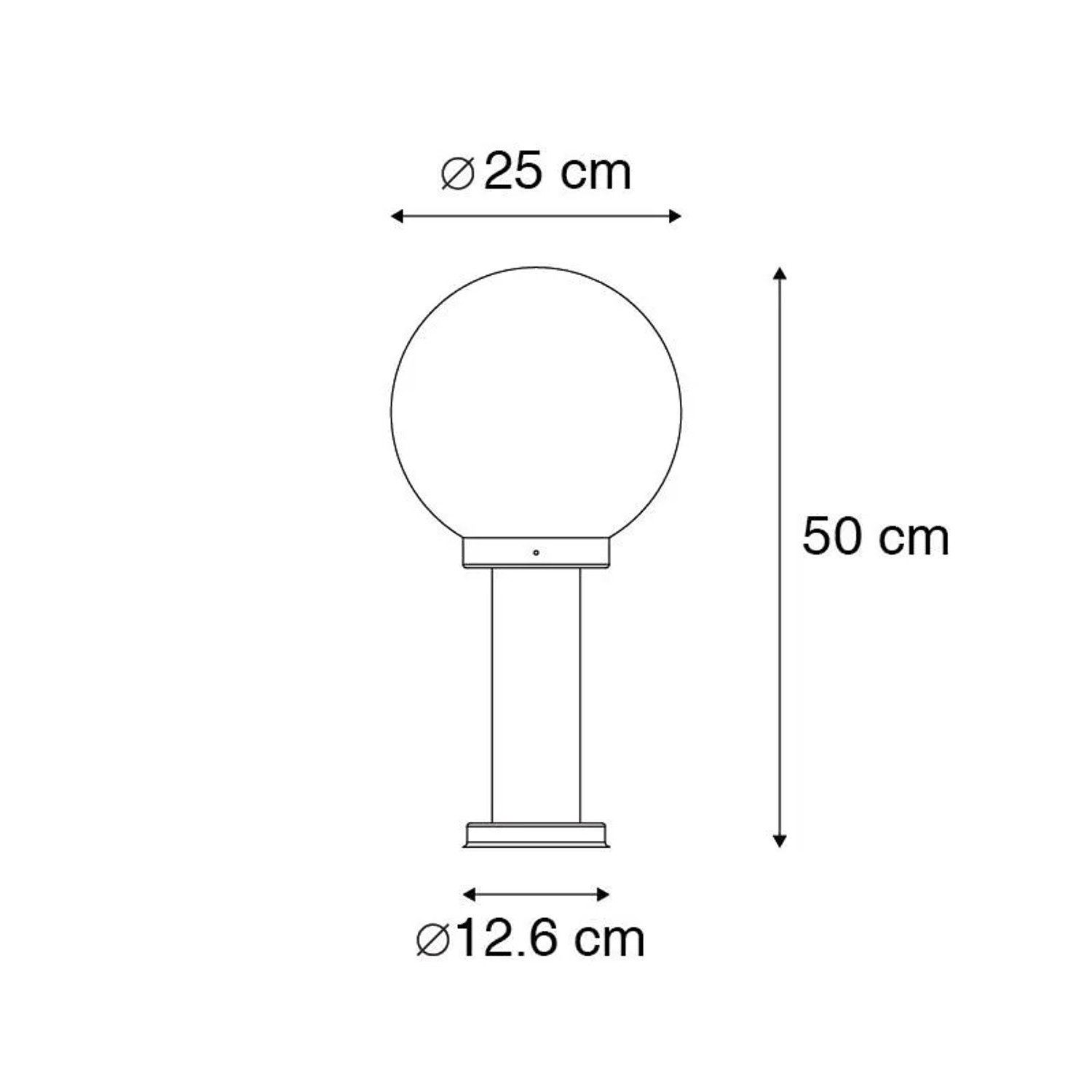 Skizze der schwarzen QAZQA Außenstehleuchte Sfera mit klarer Kugel, 50 cm hoch.