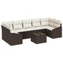 Braunes vidaXL Gartenmöbel-Set aus Polyrattan mit cremefarbenen Kissen, bestehend aus Sofa und Tisch.