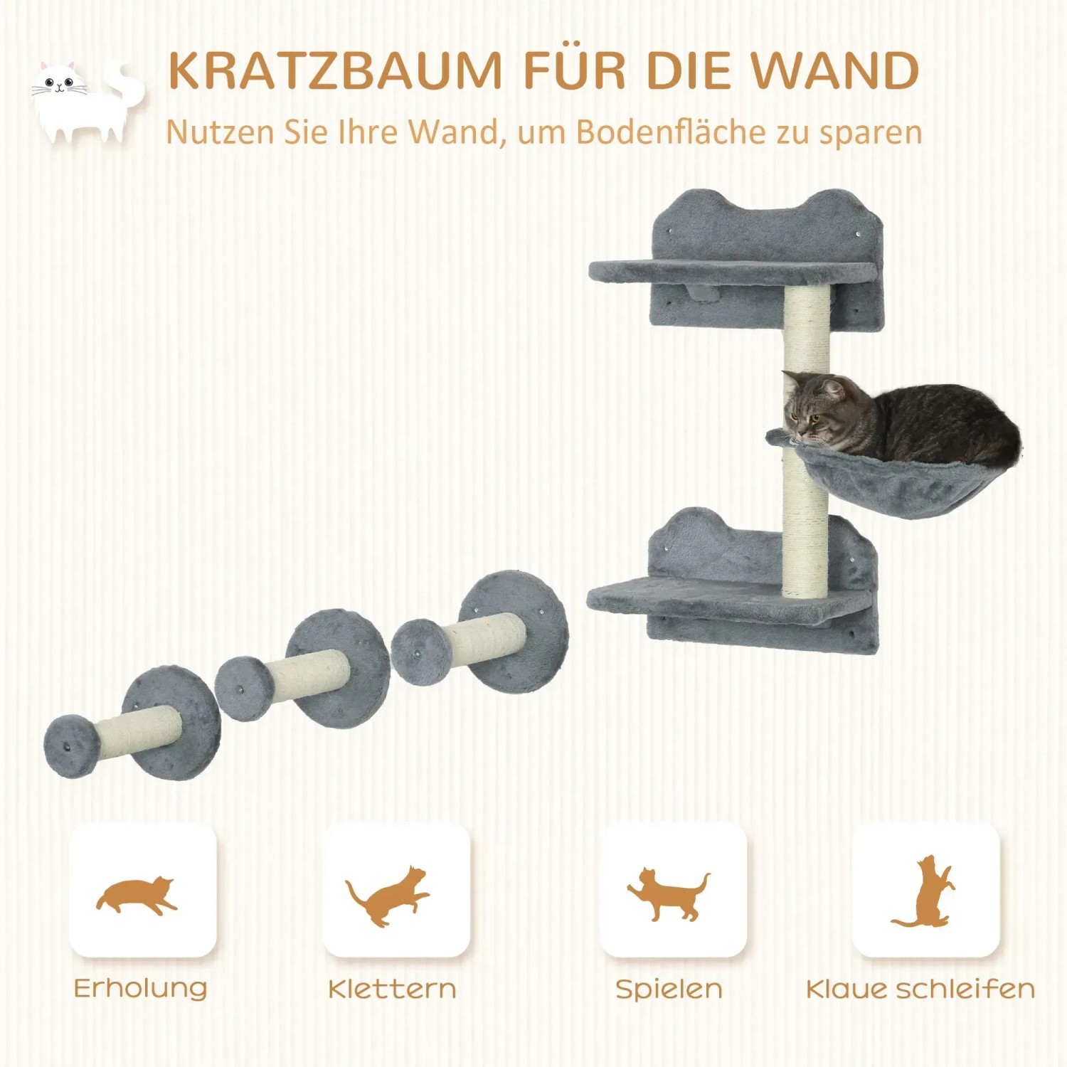 Graue PawHut Kletterwand mit Kratzbaum, Hängematte und Kletterstufen für Katzen.