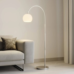 Moderne Lindby Bogenleuchte Cynthia aus Alu und Glas, 1-flammig, für Wohnzimmer.
