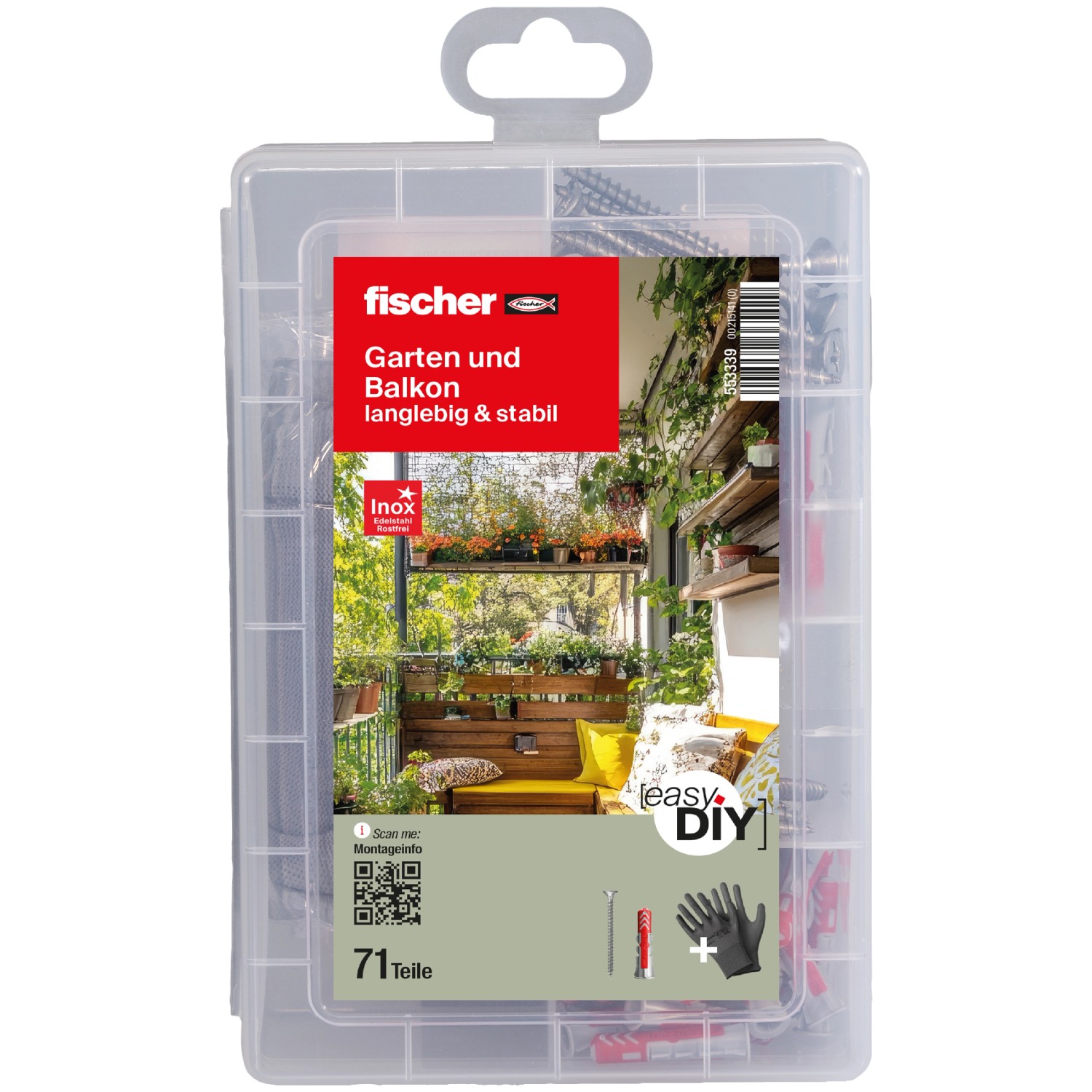 Fischer Dübel- und Schraubenset EasyDIY Box Garten und Balkon 71-teilig