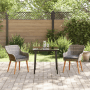 3-teiliges Garten Essset aus grauem Rattan mit Tisch und zwei Stühlen für Terrasse oder Balkon.