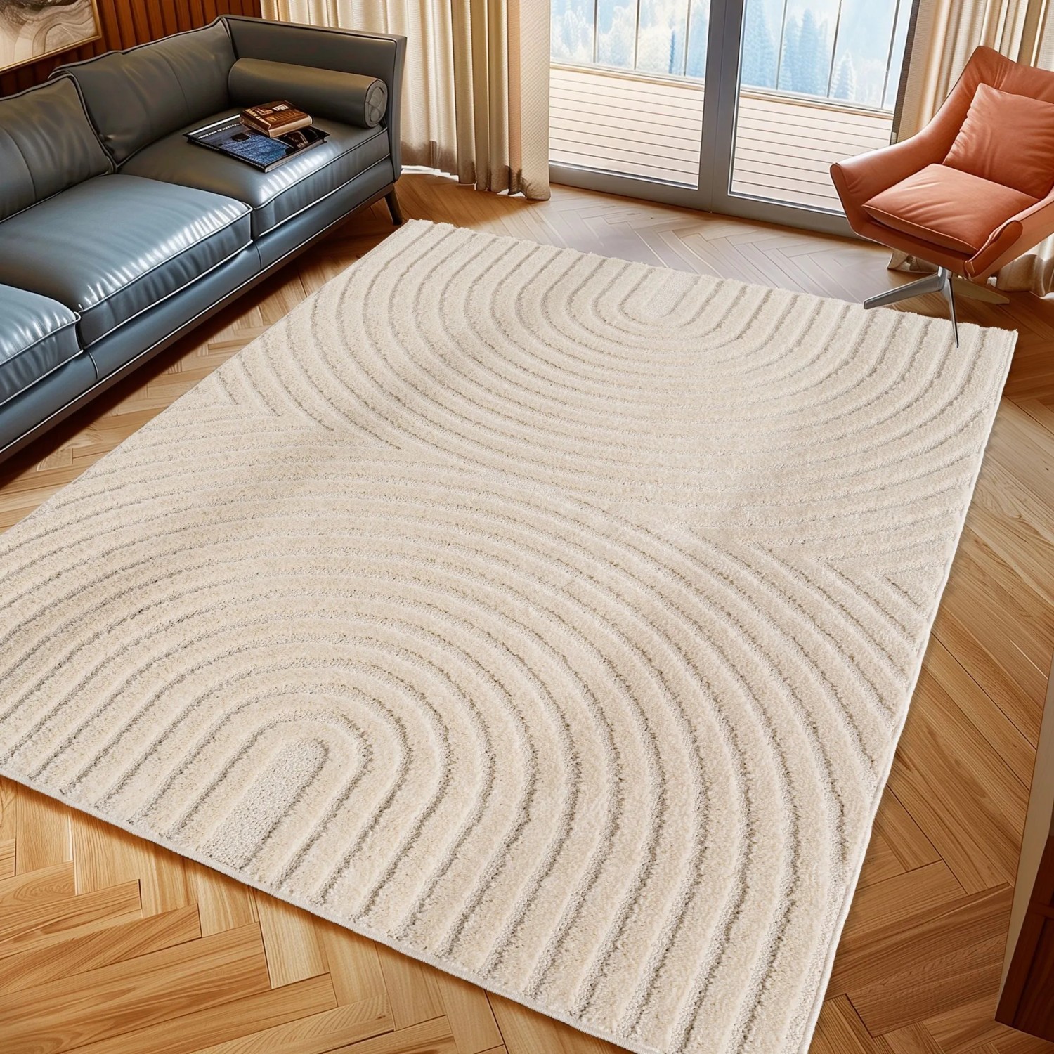 Cremefarbener Ayyildiz Kurzflorteppich (60x110 cm) mit modernem 3D-Reliefmuster.