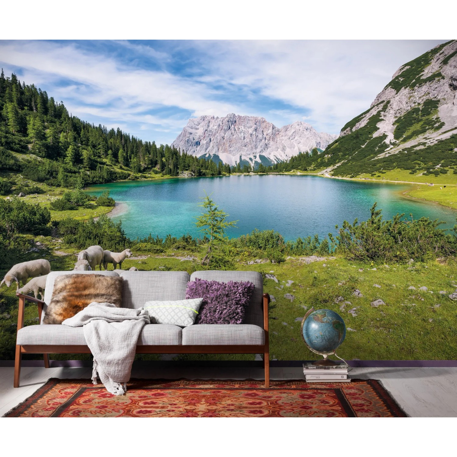 Komar Fototapete Vlies Paradise Lake, 400x250 cm, mit Bergsee, Schafen und grüner Natur.