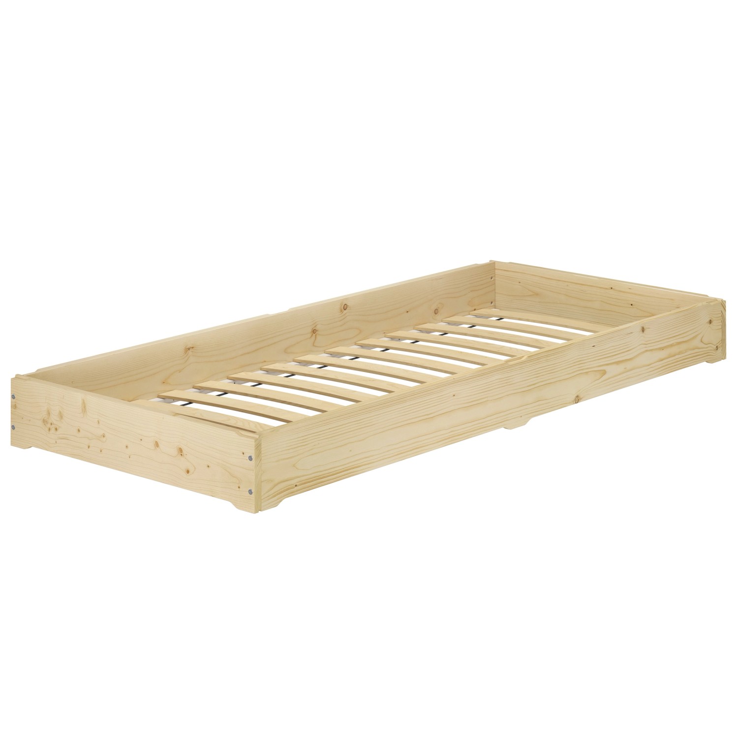 Geöltes Fichte Massivholzbett 100x200 mit Rollrost, als Stapelbett oder Funktionsbett nutzbar.
