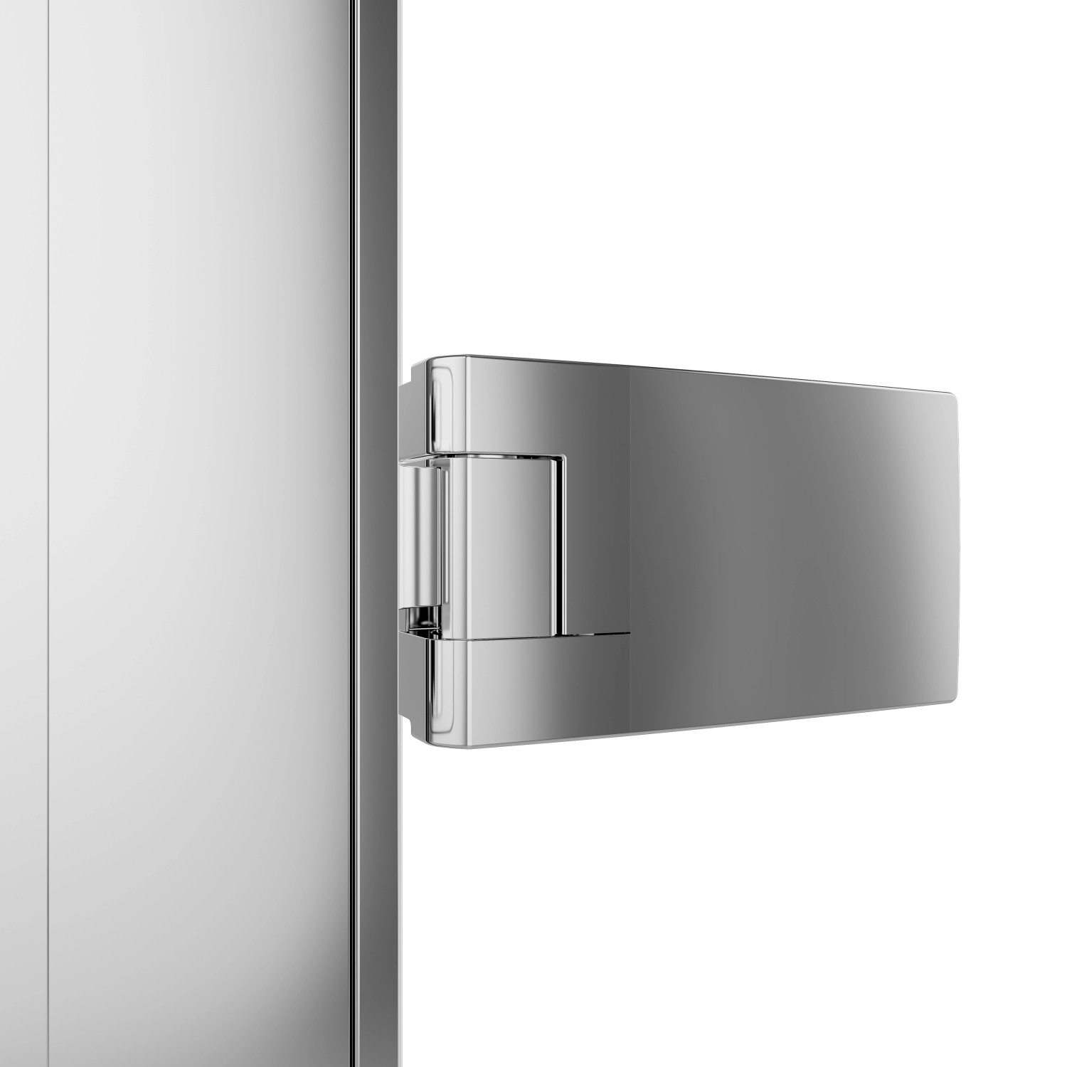 Detailaufnahme: Schulte Drehtür Toura mit glänzenden Chrom-Scharnieren und Seitenwand.