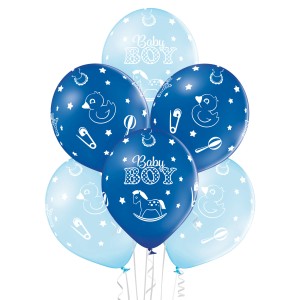 Party Factory Latexballons "Baby Boy", Ø 25cm, 10 Stück, in Blau- und Hellblautönen mit Baby-Motiven.