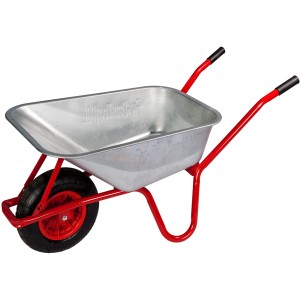 Bau-Schubkarre mit 100 l Mulde und rotem Rahmen, Tragkraft 160 kg.