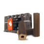 Heizfuxx Pinikay Octagon Holzbriketts: 10kg Packung und einzelne achteckige Briketts mit Zugloch.