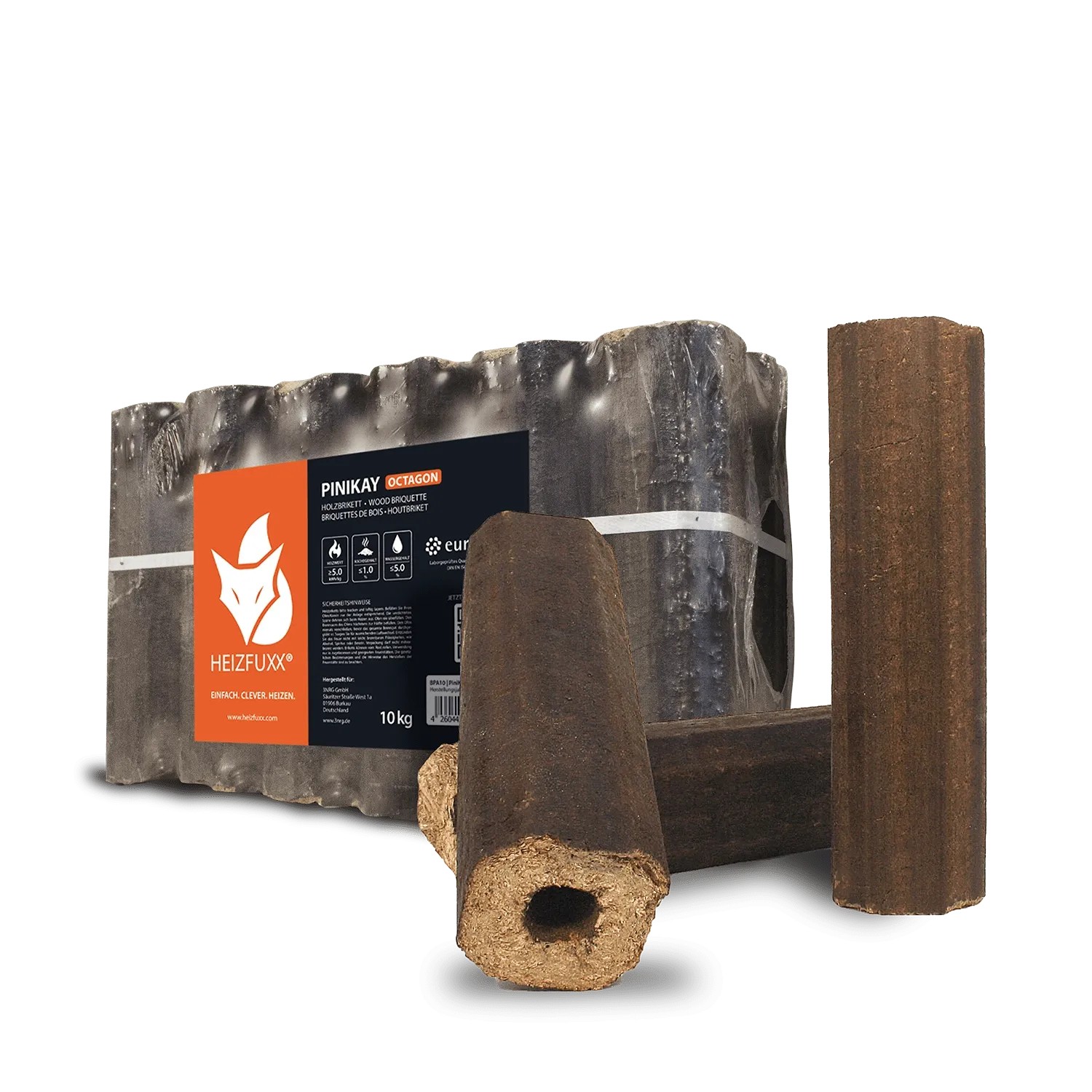 Heizfuxx Pinikay Octagon Holzbriketts: 10kg Packung und einzelne achteckige Briketts mit Zugloch.
