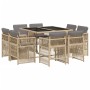 9-teilige Garten Essgruppe aus Poly Rattan mit Kissen in Beige-Mix und Glas Tischplatte.