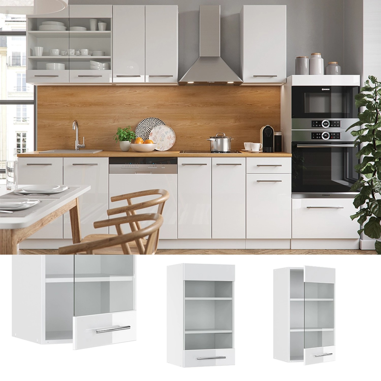 Vicco Küchen Glashängeschrank Fame-Line, weiß hochglanz, 40 cm breit.