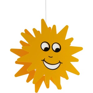 Gelbe Eglo Pendelleuchte Junior 3 mit freundlichem Sonnen-Motiv für Kinderzimmer.