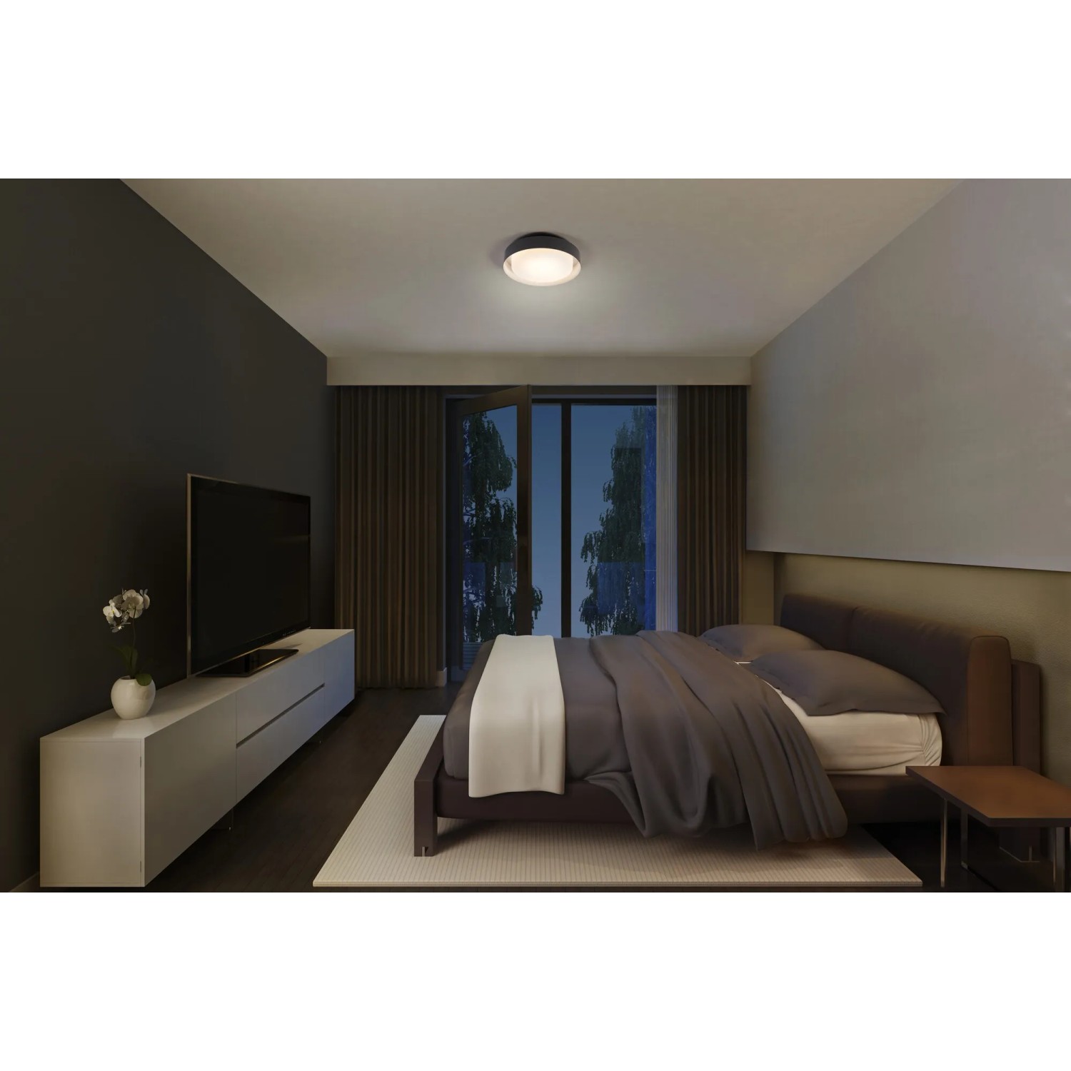 Schwarze Ledvance LED-Deckenleuchte Orbis Madrid, Ø 29 cm, im Schlafzimmer.