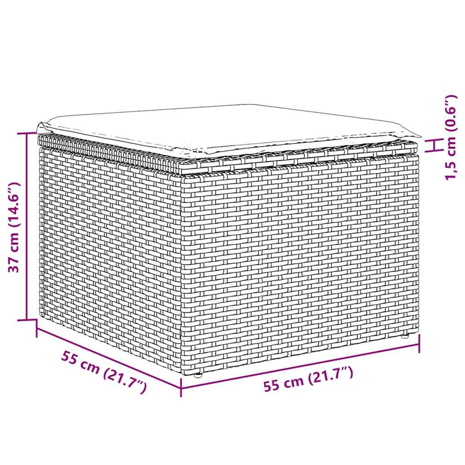 Skizze eines schwarzen Poly Rattan Garten-Fußhockers mit Kissen und Maßangaben.