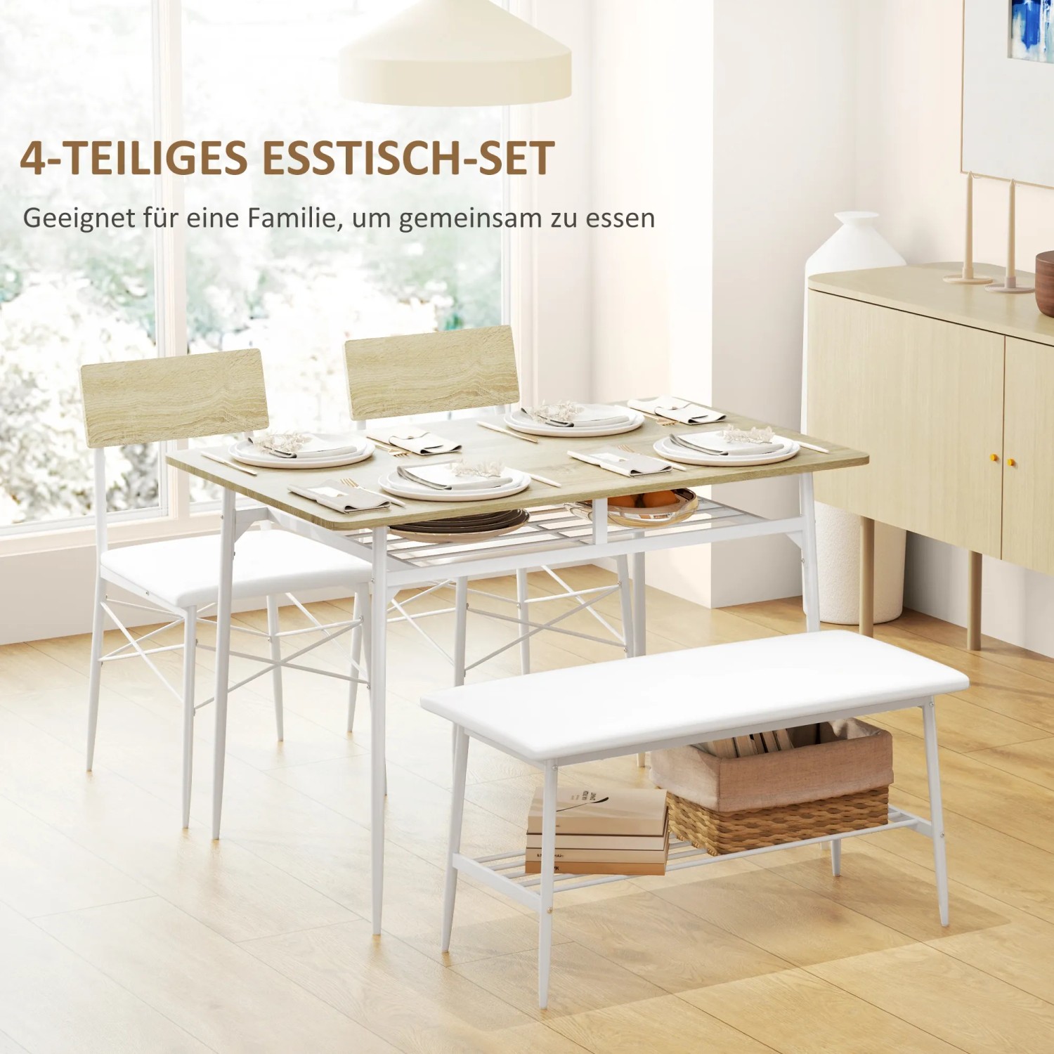 HOMCOM Essgruppe mit Tisch, 2 Stühlen und Bank in Eiche/Weiß. Esszimmer Möbel Set mit Stauraum.