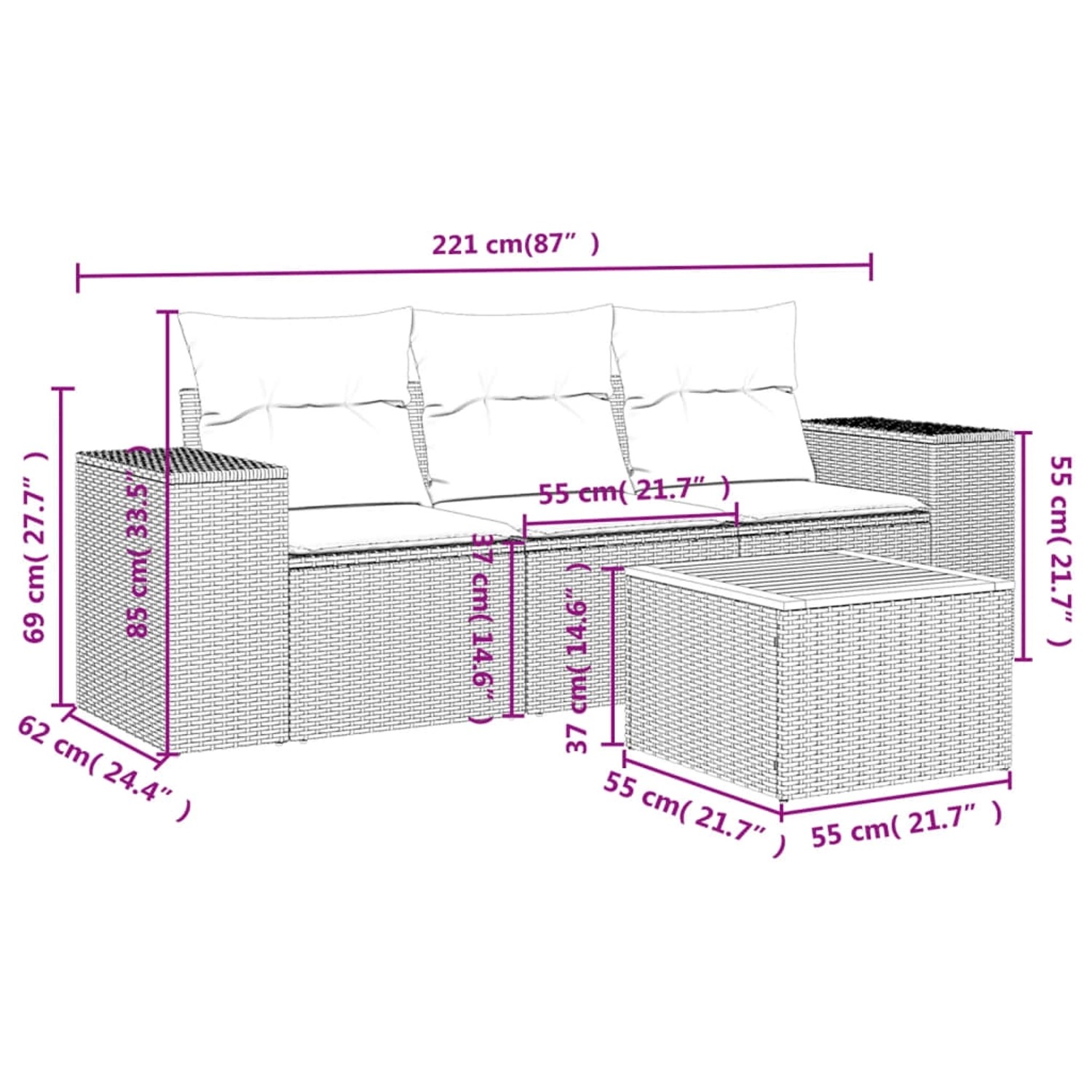 Schwarze 4-tlg. Garten-Sofagarnitur aus Rattan mit Tisch und Kissen.