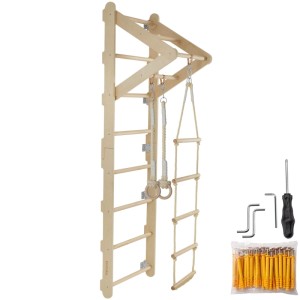 Tectake Sprossenwand Matterhorn aus hellem Holz mit Turnringen, Strickleiter, Klimmzugstange und Montagezubehör.