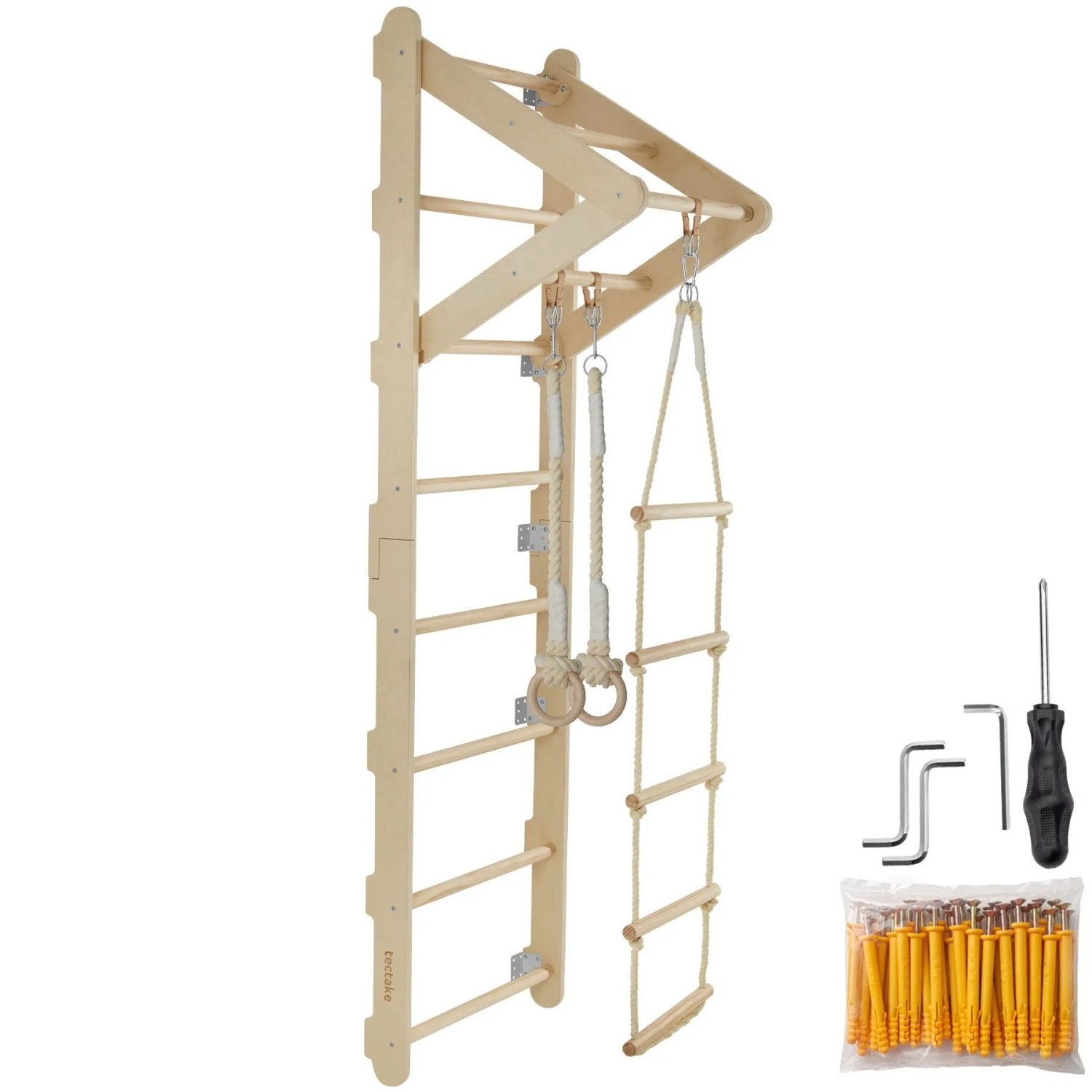 Tectake Sprossenwand Matterhorn 4In1  Höhenverstellbare Turnringe  Strickleiter und Klimmzugstange 62 x 58 x 210 cm  58 x 62 x 210 cm Hellbraun