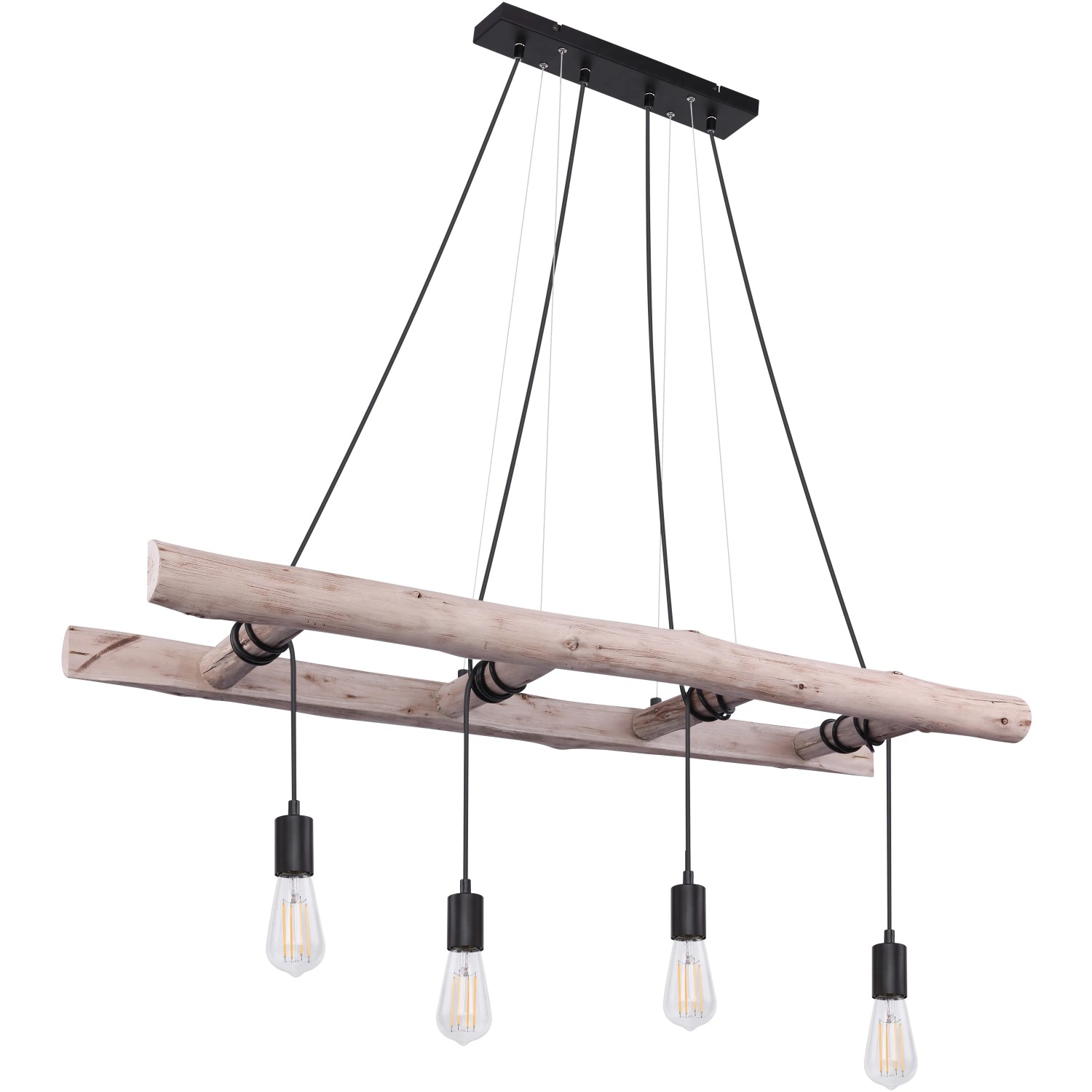 Globo Pendelleuchte Irmgard aus Naturholz mit vier Lampen im Vintage-Stil.