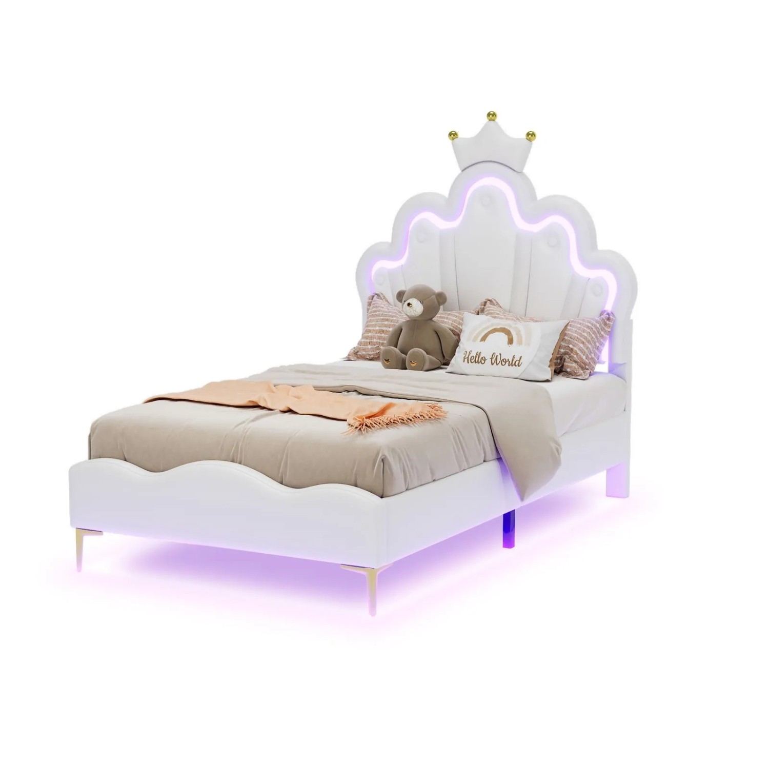PXloue Kinderbett 90x190 cm Weiß Polsterbett mit Verstellbarem-Kopfteil und LED Kunstleder