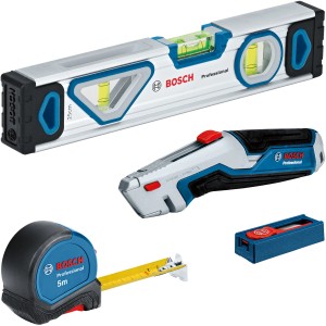 Bosch Professional Werkzeug-Set, 13-teilig: Wasserwaage, Cuttermesser, Maßband und Klingen.