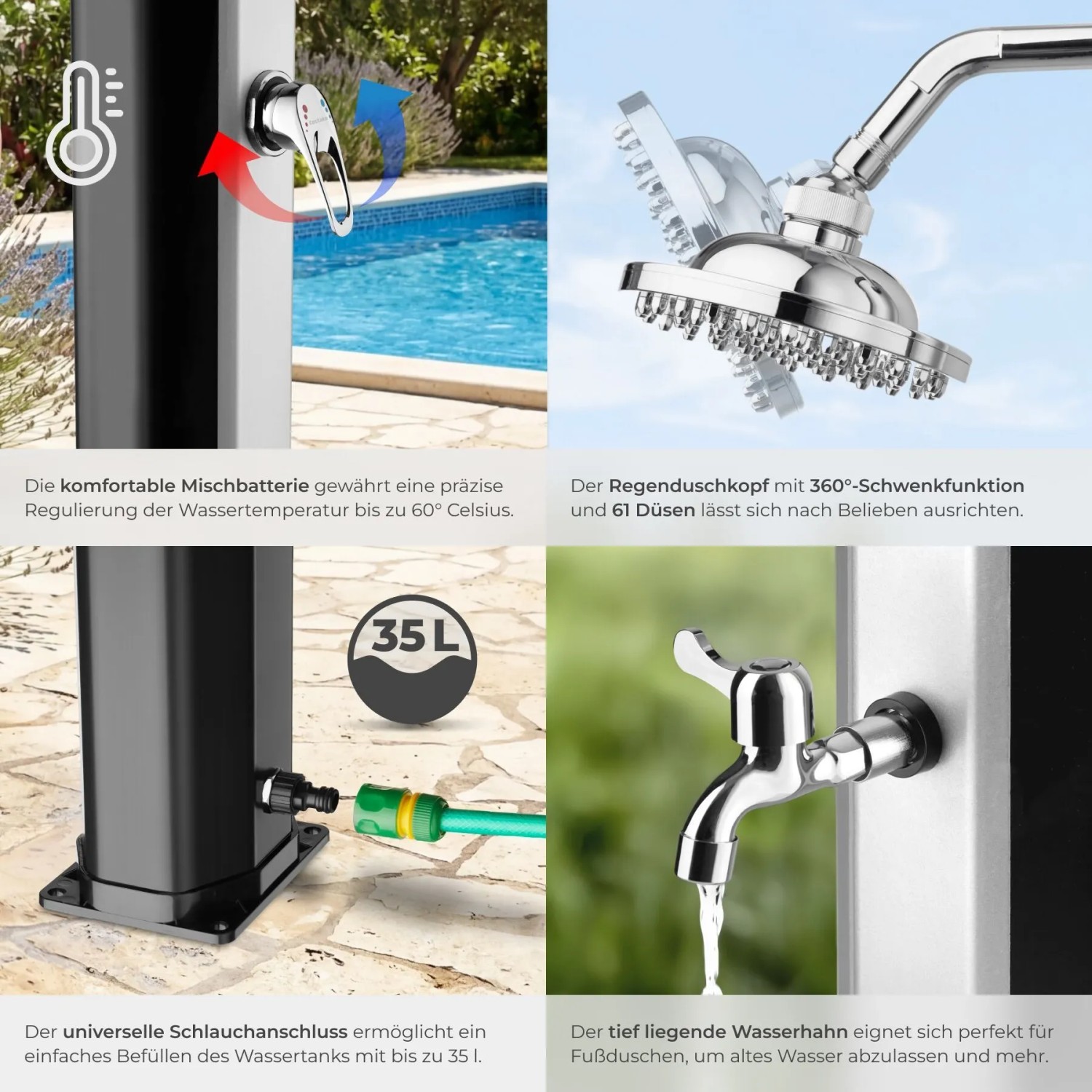 Tectake Solardusche Ofanto 35L mit Duschkopf, Seifenablage und Fußdusche. Ideal für den Garten.