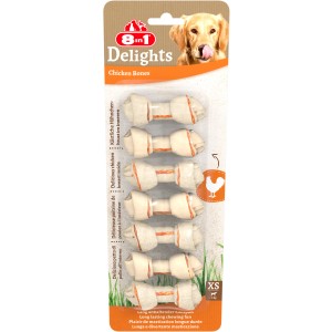 8in1 Delights Hähnchen-Kauknochen XS, 7 Stück. Getrocknete Hunde-Natursnacks mit Hähnchen für kleine Hunde.